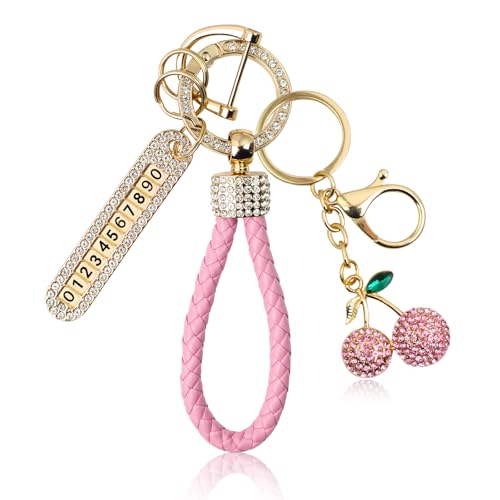 BATHRINS 3 Pcs Keychain Wristlet Rhinestone Bling Bag Charms Cherry Car Key Chain Cross Purse Charm Pink Handbag Backpack Accessories for Women — view 2