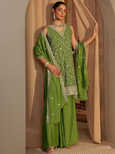 Image of Libas Embroidered Chinon Straight Kurta With Palazzo and Dupatta | ethnic wear | bridal suit | wedding dress | occasion wear