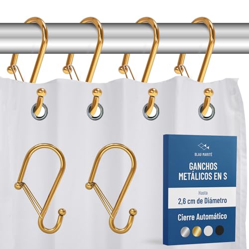 Recopilación de Ganchos decorativos para cortinas de ducha . 47 Blau Marité - 12 ganchos decorativos de metal para cortina de ducha, ganchos en forma de S con sistema anticaída, anillos de ducha a prueba de óxido con hebilla de seguridad, se...