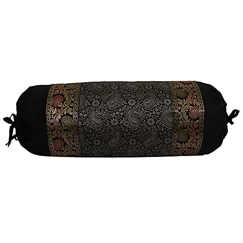 Dk Homewares Ethnic Jacquard Brocade Silk Bolster Yoga Rectangular Pillowcase Cover Paisley Black Tubular Living Room Decorative Cylindrical Hotdog Indian Throw Pillowcase 76X38 Cm - Set Of 2 Pcs #TOP2