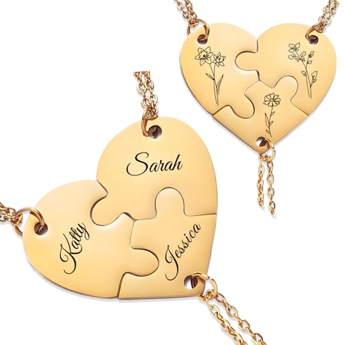 Custom Heart Puzzle Necklace,Jewelry Necklace Set for Couples Family Best Friends,Matching Heart Engraved Name Personalized Birthday Flower Necklaces,Gifts for Birthday Mothers Day Christmas Anniversary