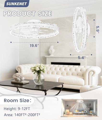 SUNKENET Ceiling Fans with Lights and Remote, 50cm LED Fan Ceiling Light, 3000K-6500K Dimmable Smart Ceiling Fan Light, 6 Wind Speeds & Reversible, White Queit Fan Light Ceiling for Bedroom