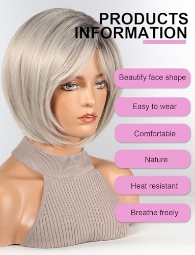 HAIRCUBE Bob Wigs for Women Synthetic Wig with Fringe Grey Color, 21"-23" - Image 2