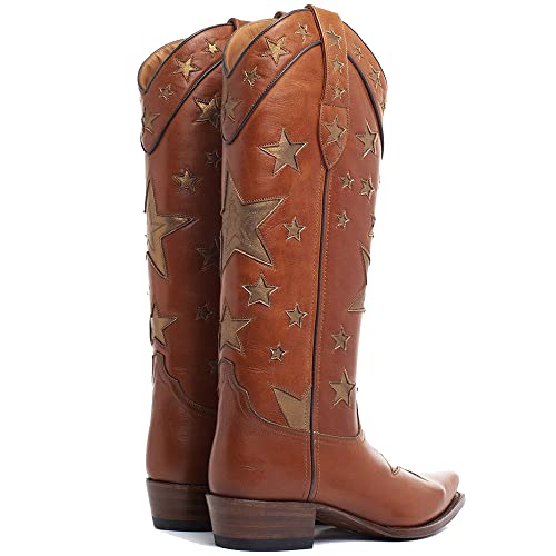 Image of YIYA Women's Star Cowboy Boots Black and White Cowgirl Boots with White Stars Pointed Toe Chunky Low Heel Pull-On Wide Calf Western Embroidered Boots