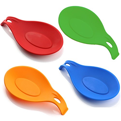 HelpCuisine® Poggiamestoli/Poggiacucchiai realizzati in silicone alimentare privo di BPA, termoresistente e durevole, set da 4 (rosso, verde, arancione e blu)