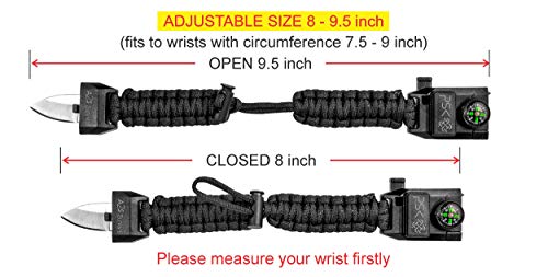 PSK Paracord Bracelet 8-in-1 Personal Survival Kit Urban & Outdoors Survival Knife, Fire Starter, Glass Breaker, Survival Whistle, Signal Mirror, Fishing Hook & String, Compass (Black / Black)