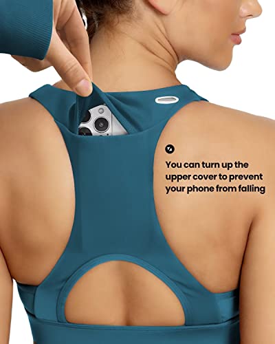 Image of QUEENIEKE BareFlow Women's Sports Bras with Phone Pocket Medium Impact Padded Racerback Workout Gym Crop Top Running Yoga Bra