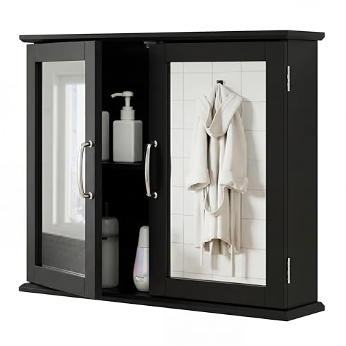 COSTWAY Bathroom Mirror Cabinet, Wall Mounted Storage Cupboard with Double Door & 2-Tier Shelf, Wooden Medicine Cabinet Organiser Unit for Bathroom, Kitchen, Living Room and Hallway (Black)