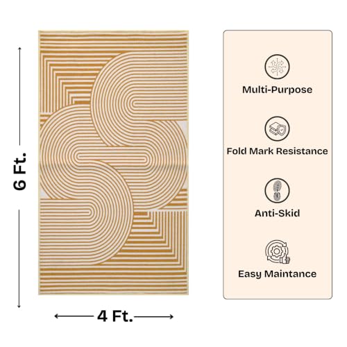 Image of Digital Print Carpet | Microfiber Nylon Digital Print with Anti Skid Carpet | Vintage Style, Carpet for Bedroom, Dining Room, Hall, Entryway, Guest Room | Geomatric Beige 4x6 Feet