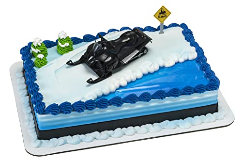 DecoSet® Powder Power Cake Topper, 2 Piece Snow Sports Cake Decoration With Snowmobile Crossing Sign, Winter Themed