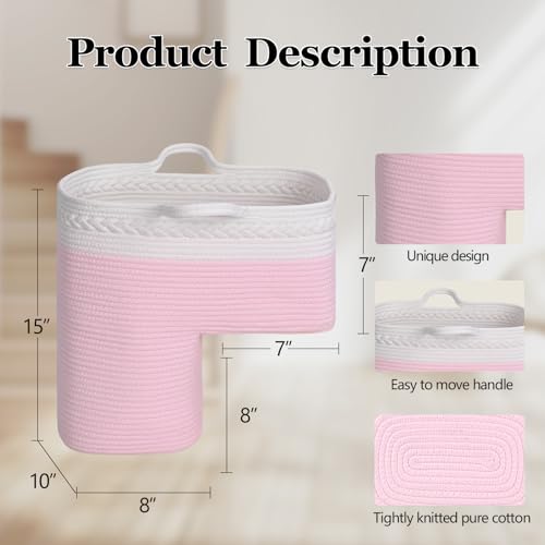 Image of Stair Basket for Wooden & Carpeted Stairs, Foldable Cotton Rope Step Basket with Handles, Staircase Storage Organizer, Pink, 15 inch Lx 10 inch W x 15 inch H