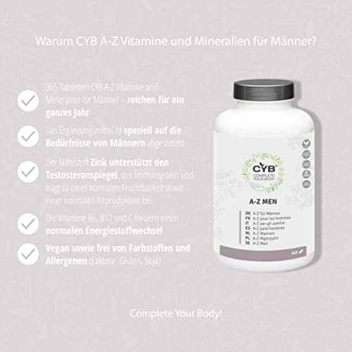 A-Z Men’s Premium Multivitamin –1-Jahres-Vorrat (365 Tabletten)– Komplette tägliche Unterstützung mit D3, B12, C, Magnesium, Eisen, Selen und Zink–Unterstützung für Energie, Immunsystem und Muskeln