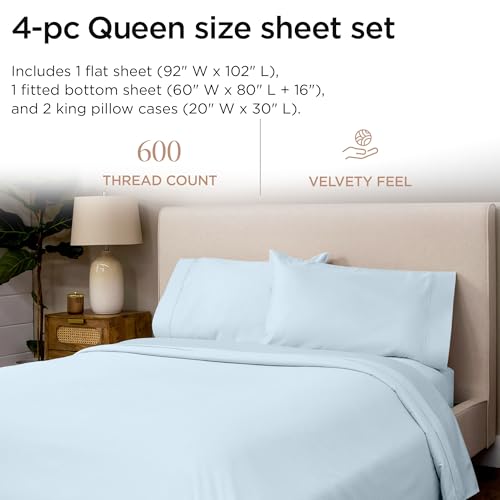 Image of Threadmill 100% Cotton Sheets for Queen Size Bed - 600 Thread Count Queen Bed Sheets Set with 16 inch Deep Pocket - Sateen Weave 4-Piece Bedding Set with Cooling Effect, Blue