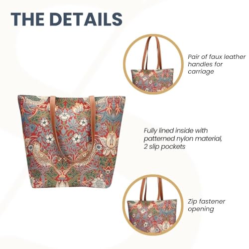 Signare Tapestry Shoulder Bag Tote Bag for Women with Red Flower and Bird William Morris Strawberry Thief Design (SHOU-STRD)3
