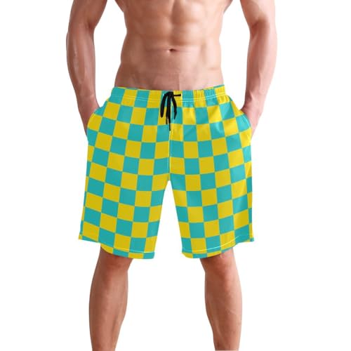 Yellow and Teal Buffalo Checkered Mens Swim Trunks Quick Dry Beach Shorts with Pocket S