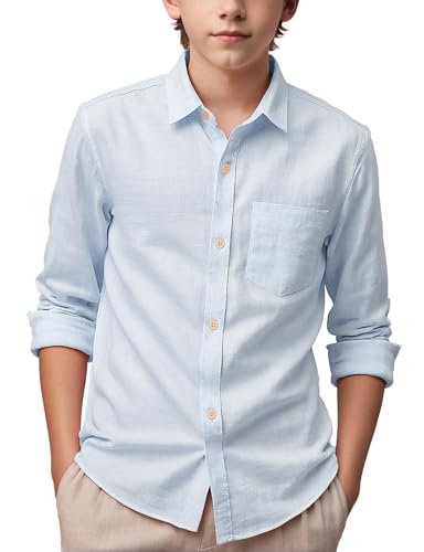 Spring&Gege Boys' Long Sleeve Linen Textured Button Down Shirts