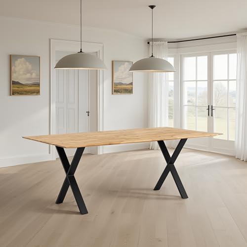 WOODLIVE DESIGN BY NATURE Arto Massivholztisch in Wildeiche, massiver Esstisch, rustikaler Esszimmertisch mit schwarzen Gestell in X-Form, Größe:180 x 90 cm