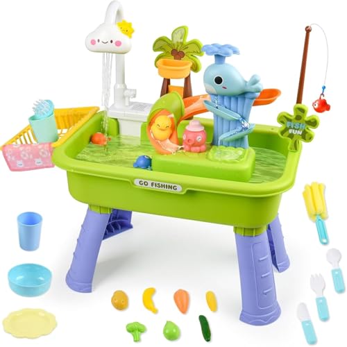 ZVD Table Eau Sable,Évier De Jeu Électrique avec Pompe Et Eau Courante avec 43 Pièces Accessoires de Jeux d'eau,Grande Table Exterieur Jouet sur La Plage...