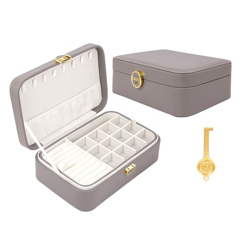 Image of BucketList Large PU Leather Jewellery Organizer Box with Necklace Hooks | Multi-Layer Jewelry Storage Case with Removable Tray & Secure Lock (PU Leather with Removable Tray (Grey))