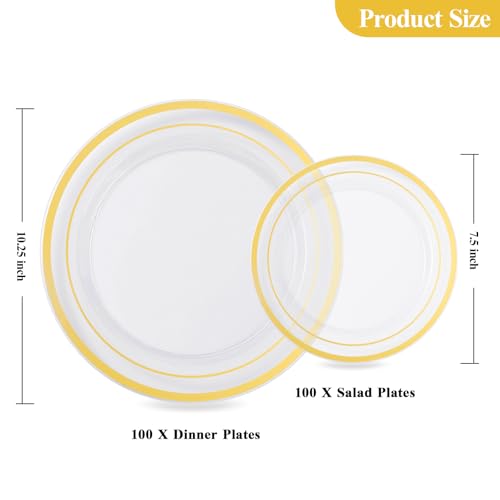 Image of Goodluck 200PCS Clear Gold Plastic Plates, Heavy Duty Disposable Plates