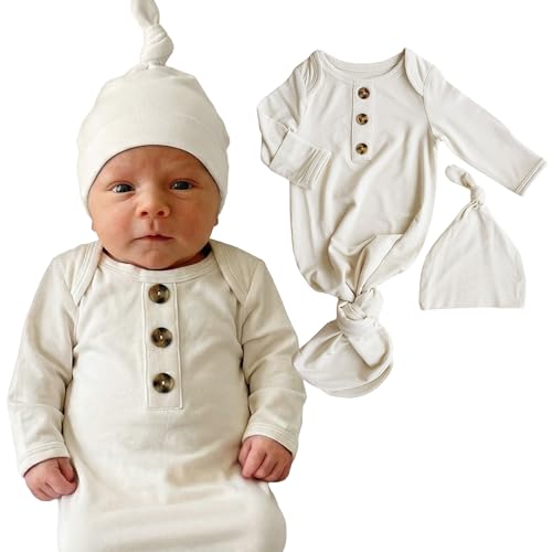 Image of Caden Lane Newborn Knotted Gown with Hat, Soft Bamboo Viscose Baby Sack, Unisex Infant Breathable Night gown