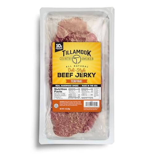 Tillamook Beef Jerky, Country Smoker Teriyaki Deli Style Thin Sliced Slab, Low Carb, High Protein, Ready to Eat Keto Snacks, Chopped & Formed Slabs,12 Count Tray