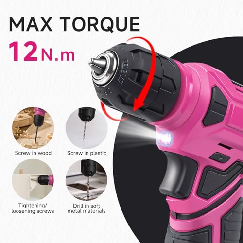 Tool Set - Tool Kit with 8V Cordless Drill, 132 Piece Tool Box with Drill, Home Tool Kits for Women & Men, Hand Drill Set Perfect for Homeowner, Diyer, Handyman - Pink
