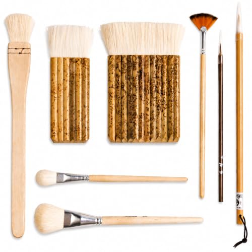 DIYOOHOMY Set of 8 Pottery Glaze Brushes Tools Wool Soft Bristle for Ceramic Glazing Acrylic Watercolor Oil Painting Mop Hake Sumi Fan Fine Brush for Clay Wheel Kiln Blending Art Supplies
