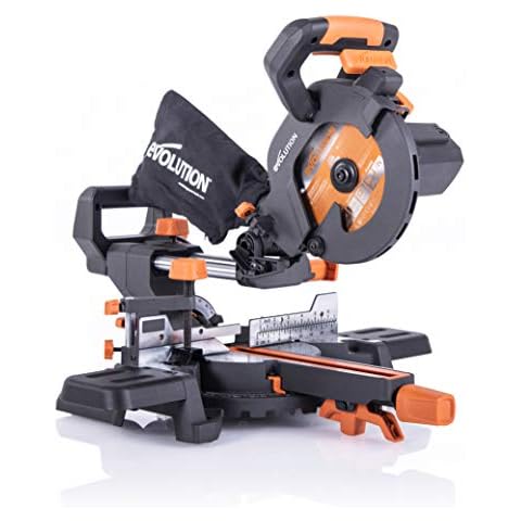 Evolution Power Tools R185SMS+ Compound Saw with Multi-Material Cutting, 45 Degree Bevel, 50 Degree Mitre, 210 mm Slide, 1200 W, 210 mm, 230 V, (3-Year Warranty) Cover