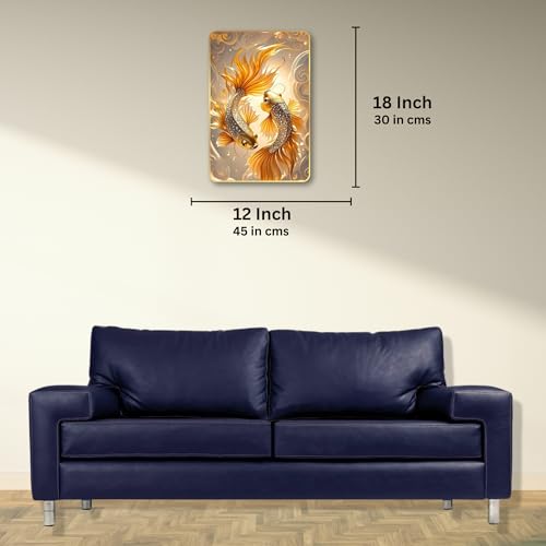 Image of Arkasto Golden Fish MDF Wall Art | Vastu Painting for Wealth & Prosperity | Golden Border Fish Wall Decor Frame for Home & Office