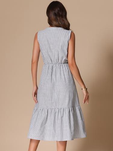 Image of Allegra K Striped Shirt Dresses for Women's Sleeveless Work V Neck Ruffleed Midi Dress