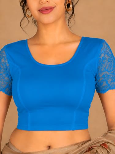 Image of Abhi Cotton Readymade Saree Blouse for Women- Half Net Sleeves, Round Neck, Regular-fit, Stretchable, Pull-on Style Blouse