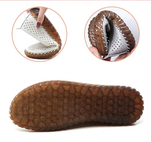 Image of Women's Handmade Leather Casual Beef Tendon Soft Sole Loafers Comfortable Round Toe Breathable Oxford Arch Support Walking Shoes