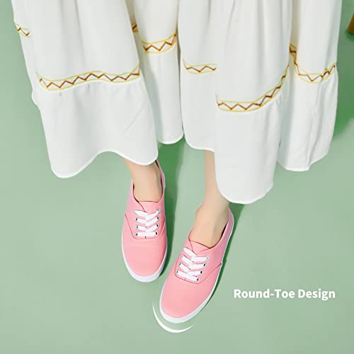 Womens White Canvas Sneakers Low Top Lace-Up Canvas Shoes Lightweight Casual Tennis Shoes(Pink.us7) #TOP4