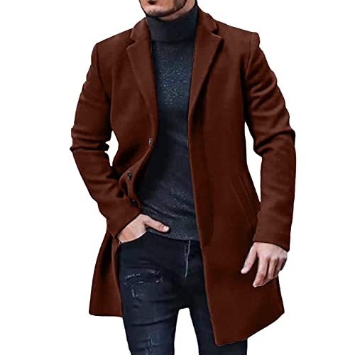 L9WEI Abrigo de Lana para Hombre, Invierno, Negocios, Exterior, Largo, Solapa Cálida, Delgado, Gabardina de Cuello de Solapa, Marrón, L