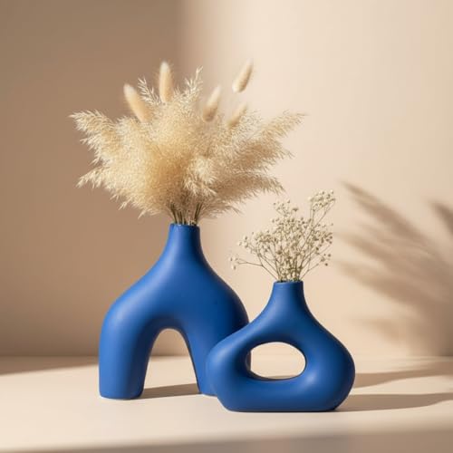 Image of PUREZENTO Abstract Blue Ceramic Donut Vase 5.4 & 7.7 Inch - Set of 2 | Decorative Unique Modern Vase for Dried Flowers & Pampas Grass | Vases for Modern Home Decor, Living Room, Office Decor Ideas