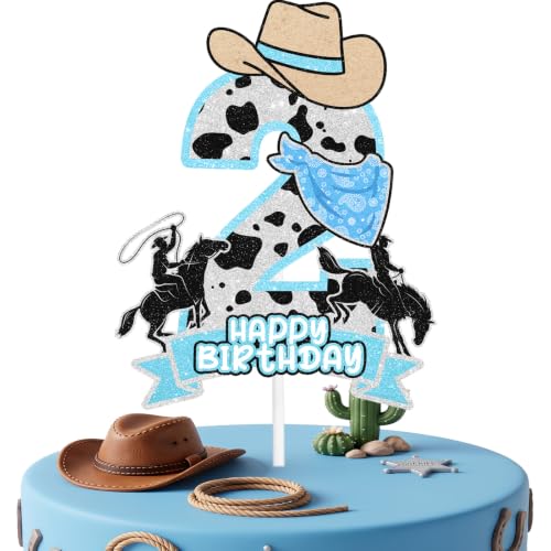 Western Cowboy 2nd Birthday Cake Topper, Wild West Rodeo Party Decorations for Toddler Boys, Cow Print Horse Rider Happy Birthday Cake Decor Supplies (2nd)