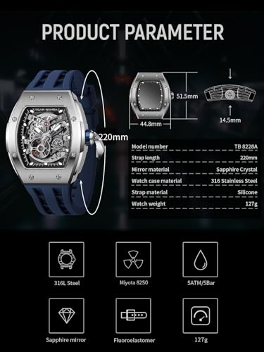 Image of TSAR BOMBA Mens Luxury Watch Automatic Watches for Men 50M Waterproof Japanese Mechanical Movement Tonneau Stainless Steel Case Sapphire Glass Big Face Cool Unique Fashion Gift Men