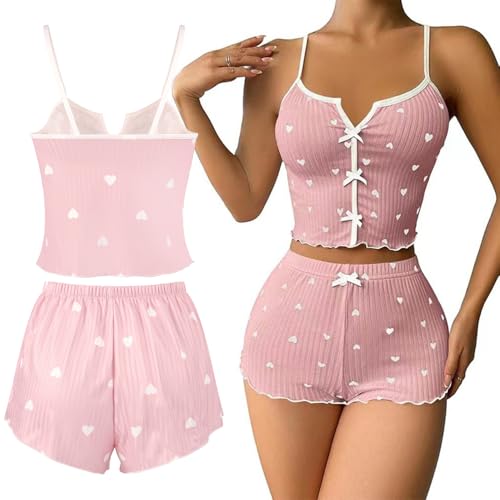 Satohom Pijama Mujer Verano de Algodón Pijama con Estampado de Amor Corto con Tirantes 2 Piezas Conjunto de Pijamas con Camiseta Sin Mangas y Pantalones Cortos Ropa para Dormir Suave S-XL