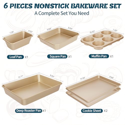 Baking Pans Set, Nonstick Stackable Bakeware Sets, Oven Pans for Cooking, AIVIKI 6 Pieces Baking Sheets Set Including Cookie Sheet, Deep Roaster Pan, Square Pan, Loaf Pan, Muffin Pan, Carbon Steel - Image 3