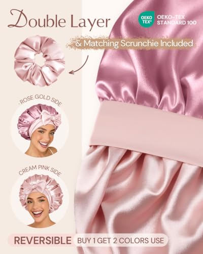 Image of BONNET QUEEN Silk Bonnet for Sleeping Women Hyaluronic Acid Infused Satin Bonnet for Curly Hair Double Layer Hair Wrap Adjustable Sleep Cap with Tie Band & Scrunchie, Pastel Pink & Rose Gold