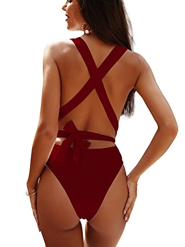 Image of Lilosy Sexy Tie Criss Cross Plunge One Piece Thong Swimsuit High Cut Brazilian Bathing Suit