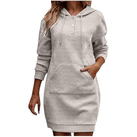 Hooded Mini Sweatshirt Dress for Women 2024 Fall Long Sleeve Button Up Hoodie Dress Solid Tunic Pullover with Pocket Beige Cover
