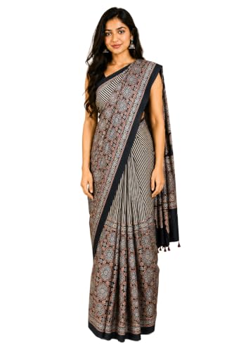 Image of Ethnics of Kutch Womenss Ajrakh Modal Silk Natural Dye Hand Block Print Saree with Blouse Piece - 5.5 Mtr Length