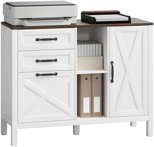 HOMCOM Lateral File Cabinet, Filing Cabinet with Drawers and Adjustable Shelves, Printer Stand for Home Office, with Adjustable Hanging Bar Fit A4, Letter Size Files, White