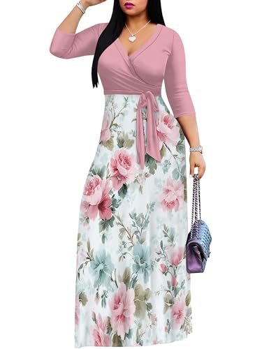 Image of PinkPatty Plus Size Maxi Dress for Women Casual V Neck 3 /4 Sleeve Boho Printed Long Dress with Pockets