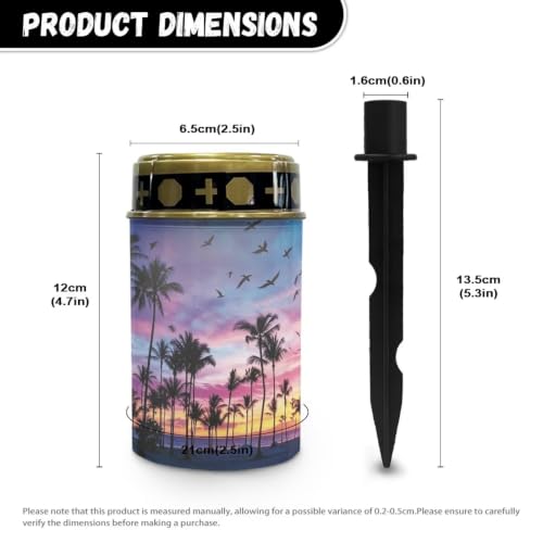 Image of Poceacles Solar Lights Outdoor Solar Powered Outdoor Cemetery Stake Candle Grave Lamp Landscape Lighting Waterproof Grave Flameless Candle, Palm Tree Beach Sunset Pattern Violet Blue, Pack of 6