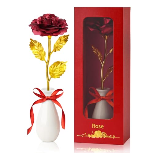ADAZ Rosa eterna 24 K, presente original de Natal para mãe mãe namorada avó presente dia da mãe original dia dos namorados mulher aniversário aniversário, flores artificiais (vermelho)