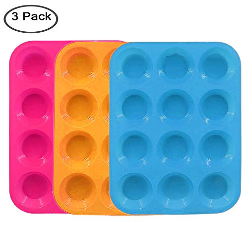 Bandejas para muffins de silicona para 12 tazas Juego de 3 bandejas para hornear cupcake de silicona, moldes de silicona antiadherentes para latas de bollería, pasteles. (Rojo, Naranja, Azul)