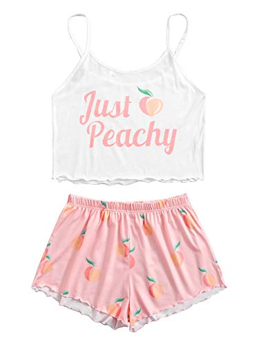 DIDK Women s Wavy Trim Sleeveless Cami and Shorts Pajama Set White Peach L